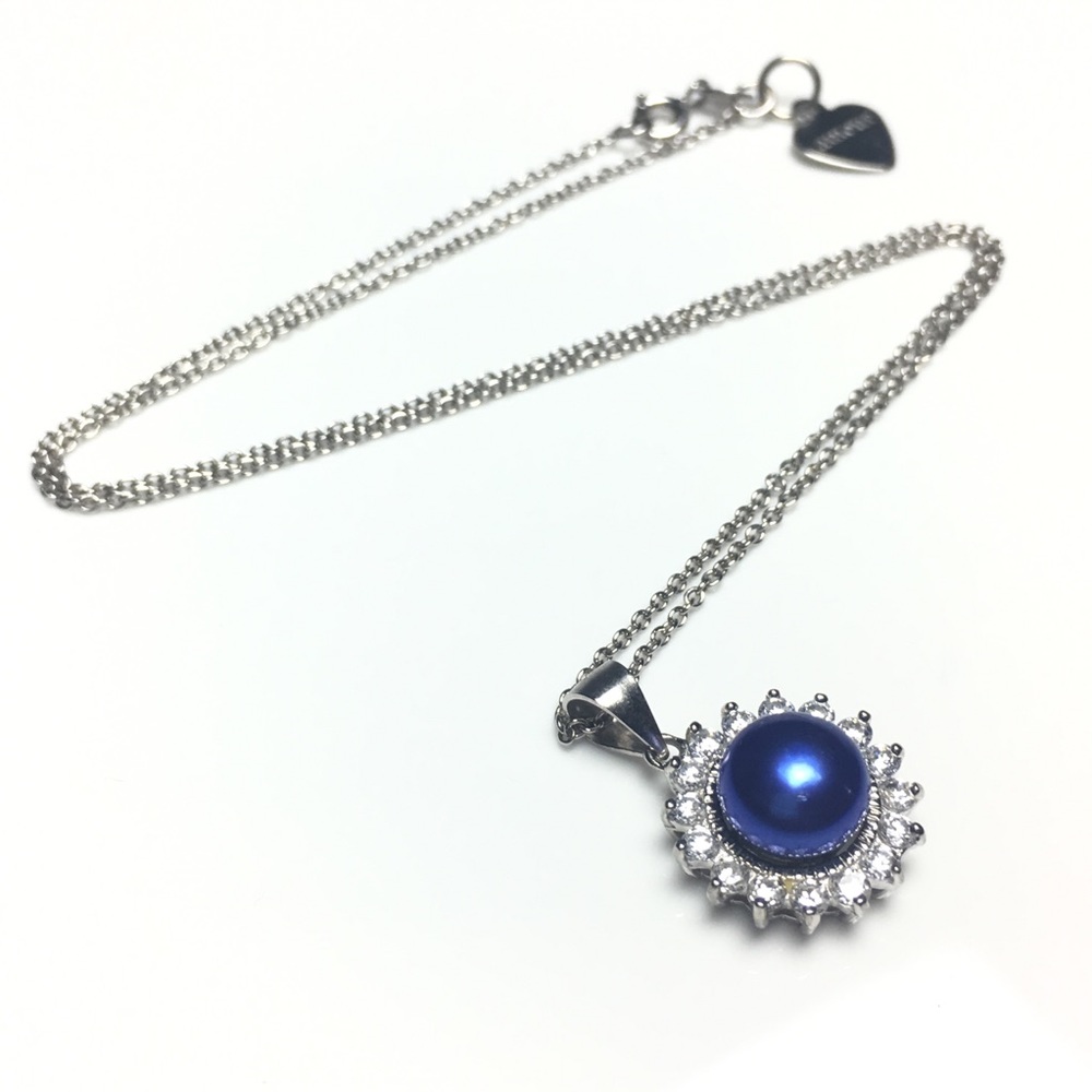 925 Silver Blue Pearl CZ Crystal Pendant Necklace